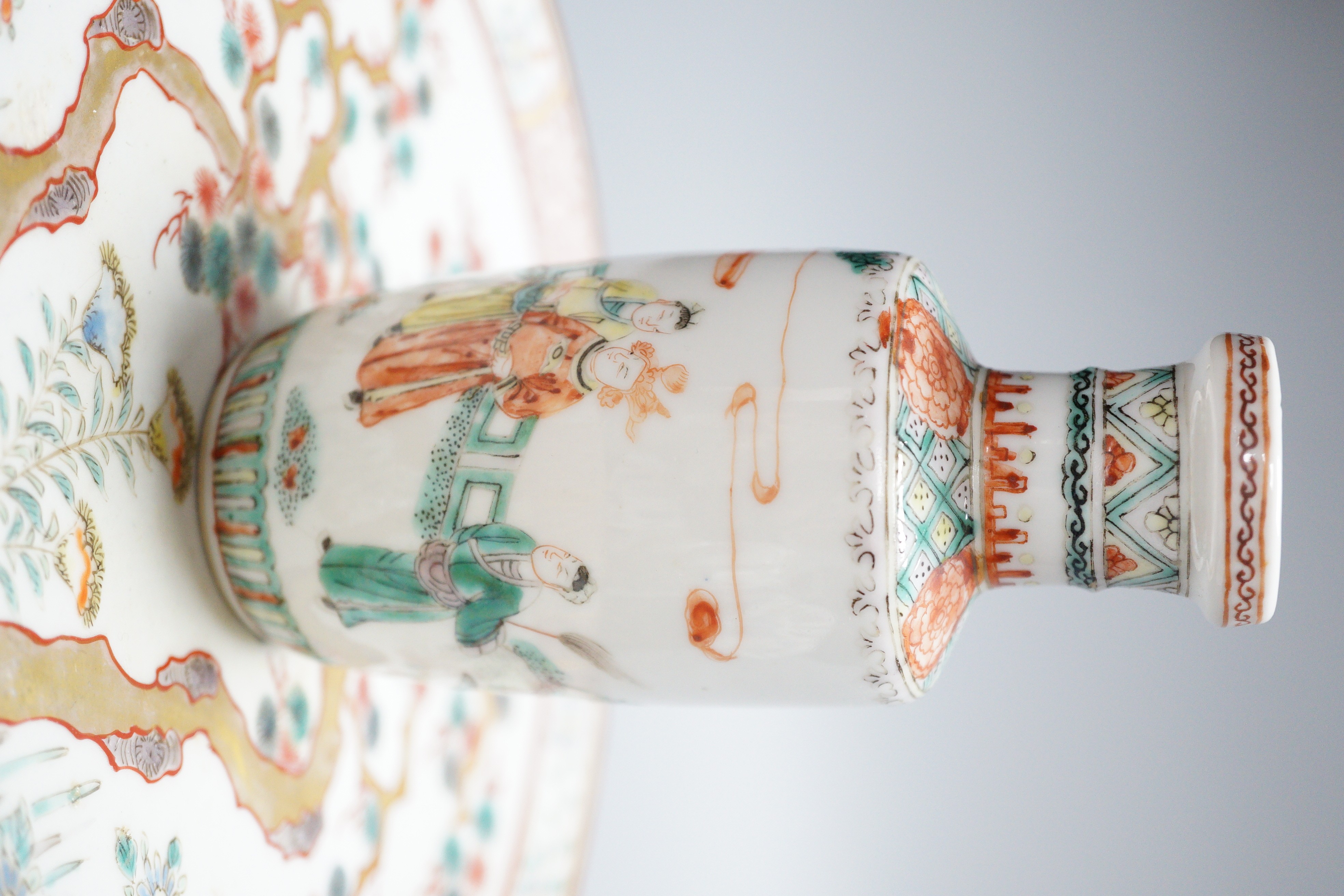 A group of Chinese and Japanese porcelain including an 18th century square Imari dish, a 19th century famille verte vase etc. (6)